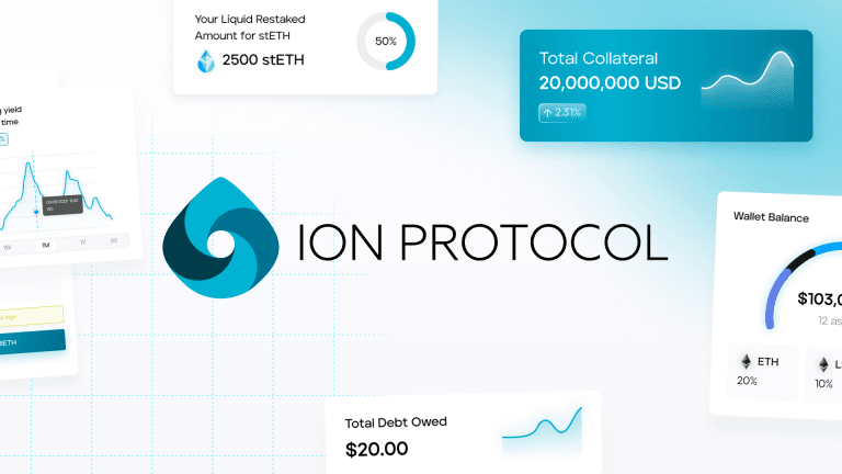 Ion Protocol Banner. widgets, web app. total staking yield earned over time, total debt owed, total balance, total value locked, deposit, blue, white