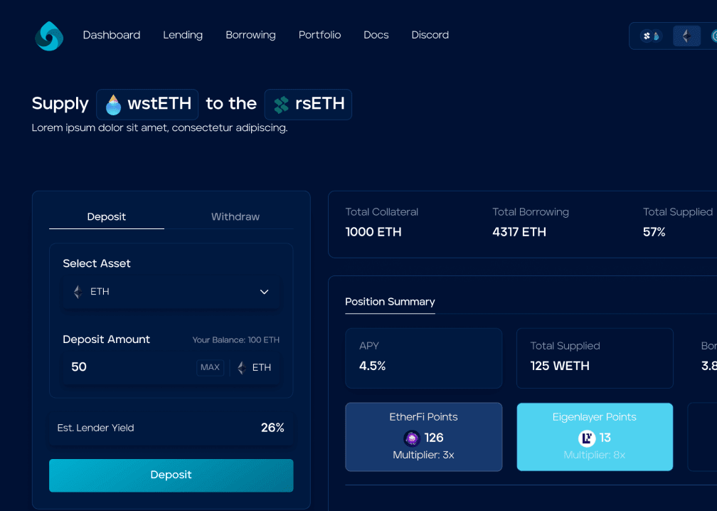 Lend on Ion Protocol: Isolated Markets, Curated Vaults, Portfolio Management, supply wstETH to the rsETH, deposit and withdraw, position summary, select asset, deposit amount