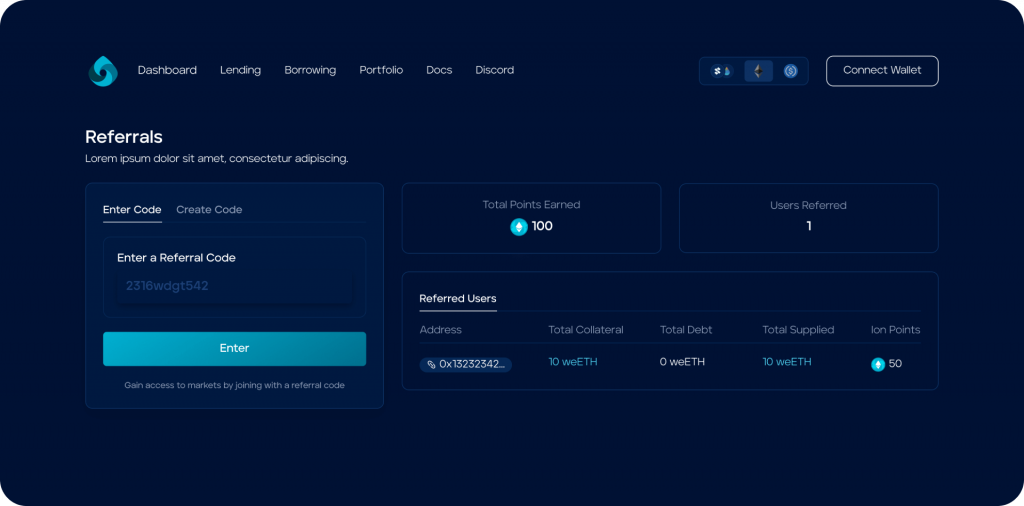 Referrals Page On Ion Protocol, Ion Points, join, rewards, Ion’s web app